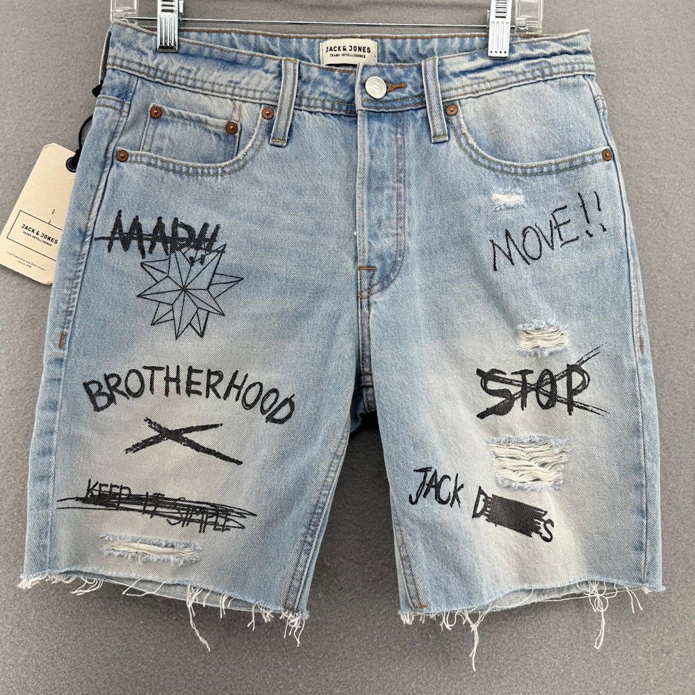 Jack & Jones Denim Shorts Graffiti Distressed Raw Hem SZ S 30" Retro Punk Grunge